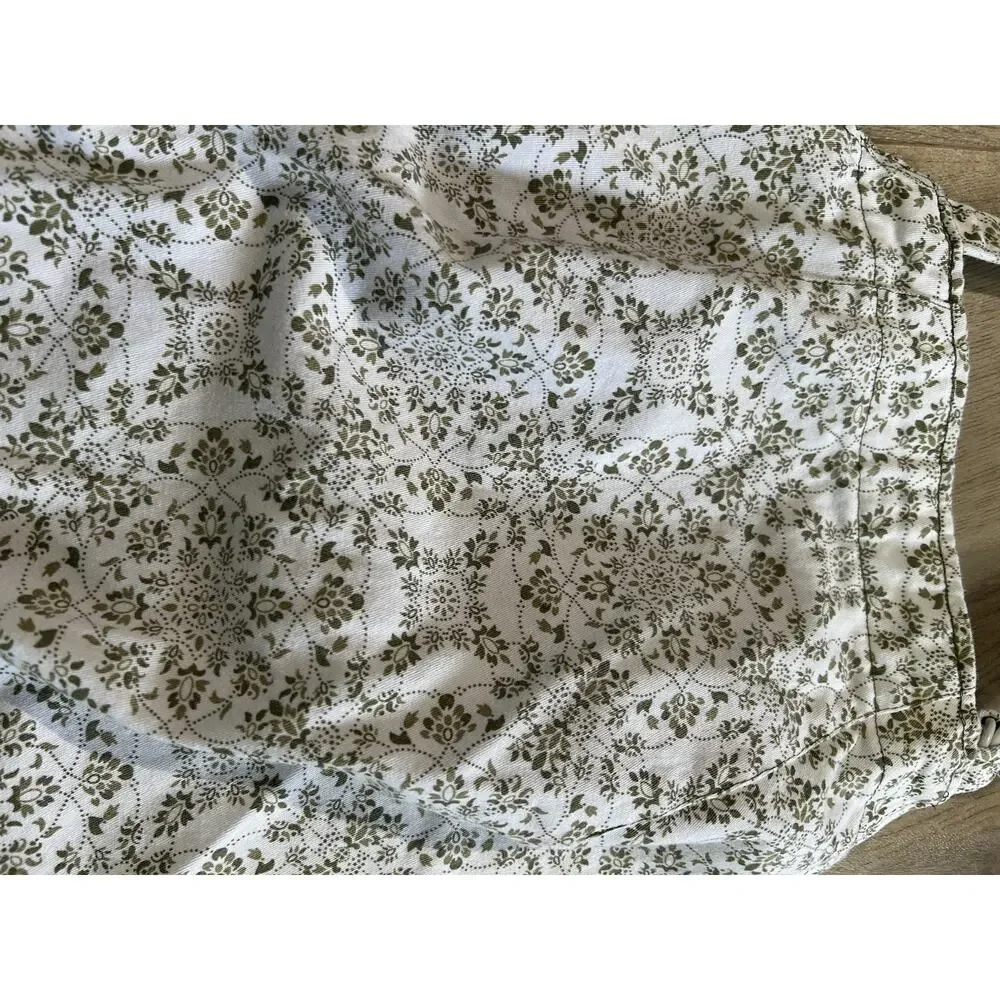 Floral Bib Kitchen Apron Cotton White/Green Adjustable One Size Pockets